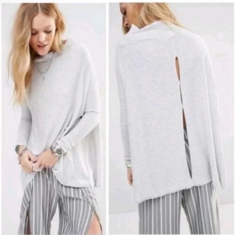 WE THE FREE | FREE‎ PEOPLE Lover Gray Ribbed Mockneck Split Back Tunic Top SZ L